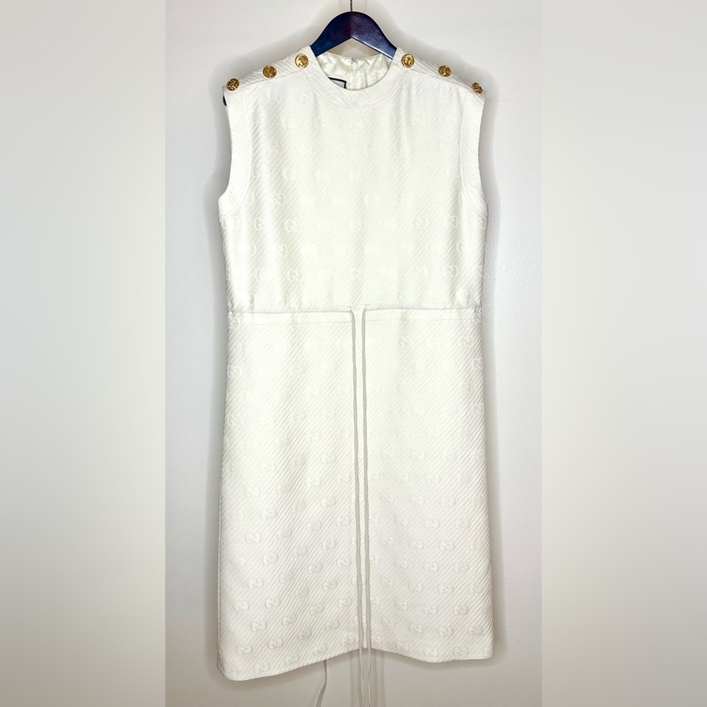 Gucci Monogram Creme Wool Shift Dress 42(L)